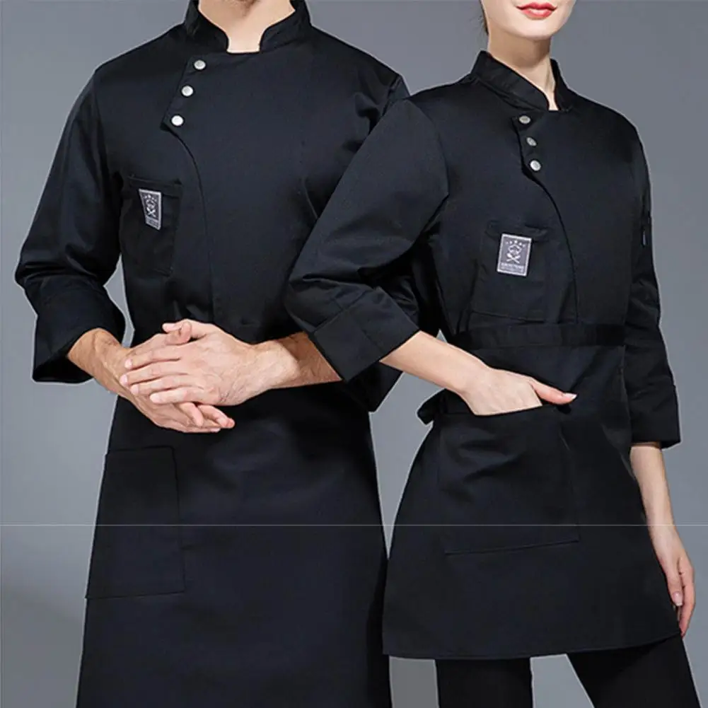 Chef Uniform Stand Collar Double-breasted Long Sleeve Unisex Stain-resistant Cook Shirt Bakery Coffee Diner Kitchen Work Clothes
