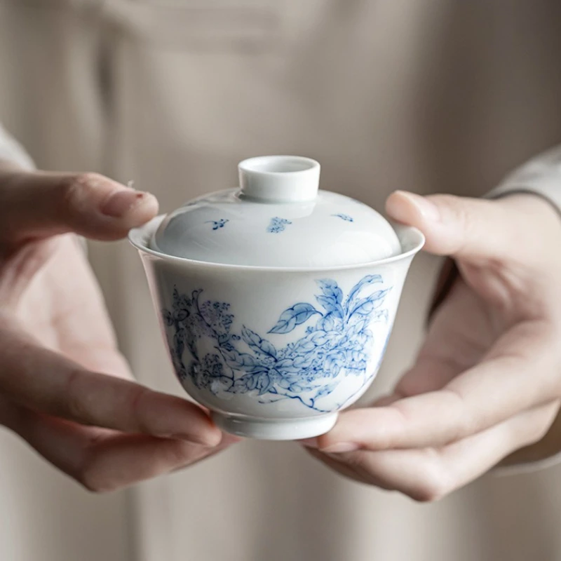 Gaiwan de porcelana blanca y azul antiguo, flor de jazmín pintada a mano, juego de té chino de cerámica Gongfu, tazón de té con tapa para elaboración casera