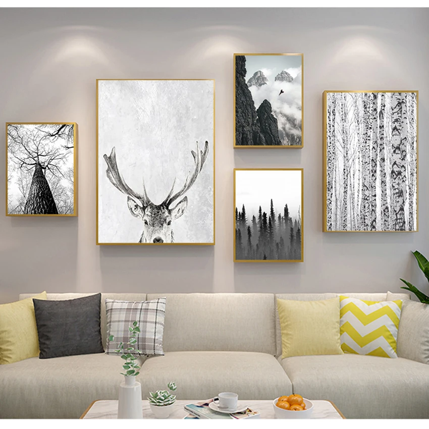 Wall Art Print Minimalist Painting Living Room Picture Scandinavian Forest Deer Eagle Black White Landscape Canvas Poster Nordic