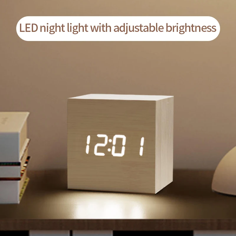 Wooden Digital Alarm Clock with Temperature Sound Desktop LED Bedside ClocK LED Alarm Clock Office Decoration Clock Home Decor