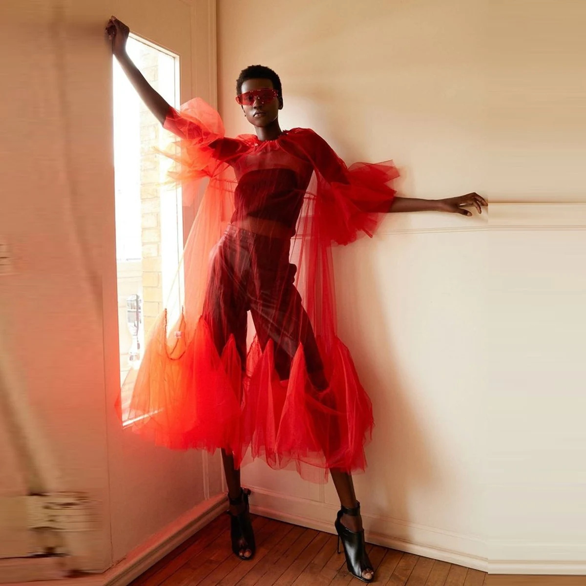 Sheer Tulle Dress Short Trumpet Sleeves Ruffled Mesh Tea Length Overlay Dress Women See Thru Party Dresses  Custom Color Size