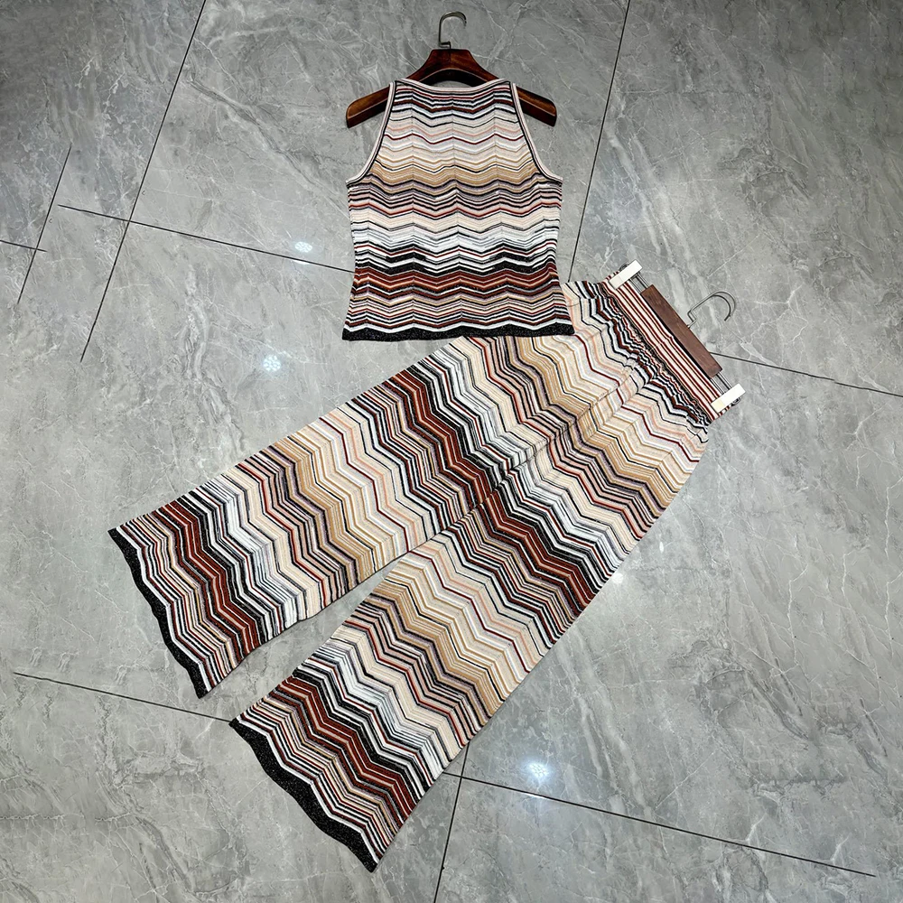 TWOTWINSTYLE Solid Spliced Striped Two Piece Set Female O Neck Sleeveless Top Vintage Design Women's Pants Sets New KSE563310