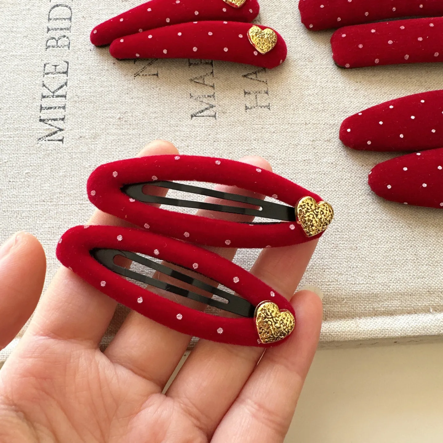 Premium Soft Velvet Polka Dot Heart Hair Clip Red Gold for Side Fringe Korean Winter Festive Non Slip Strong Durable Daily