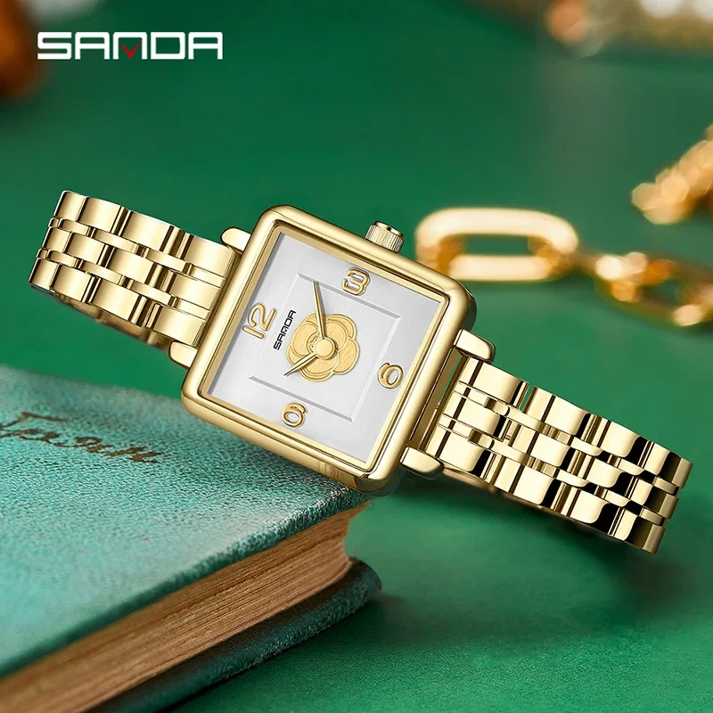 SANDA New Watch For Women Design Fashion Rose Square Dial Water Resistant Swiss Quartz Business Women Elegant Analog Wristwatch