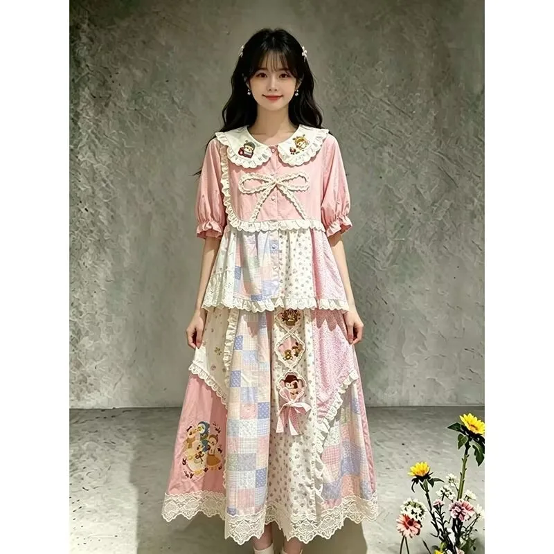 Pink Color Sweet Girl Short Sleeve Loose Floral Shirt Spring Summer Cute Girl Elastic Waist Age Reducing Lolita Skirts
