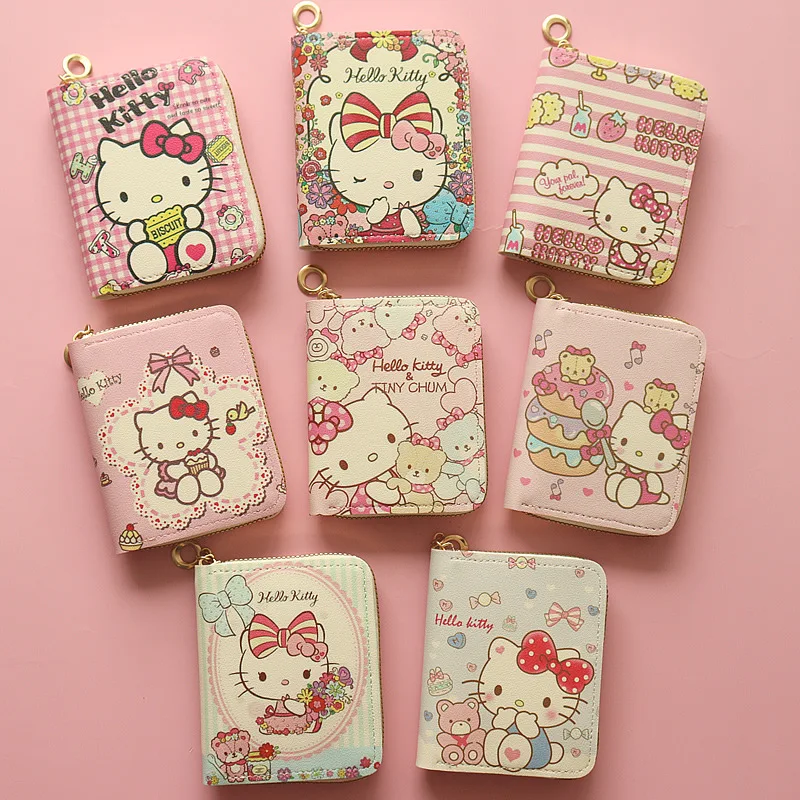 Portafoglio portamonete Sanrioed Cartoon Hello Kitty Cute Zipper Card Bag portatile pieghevole breve compleanno regalo di natale per amico