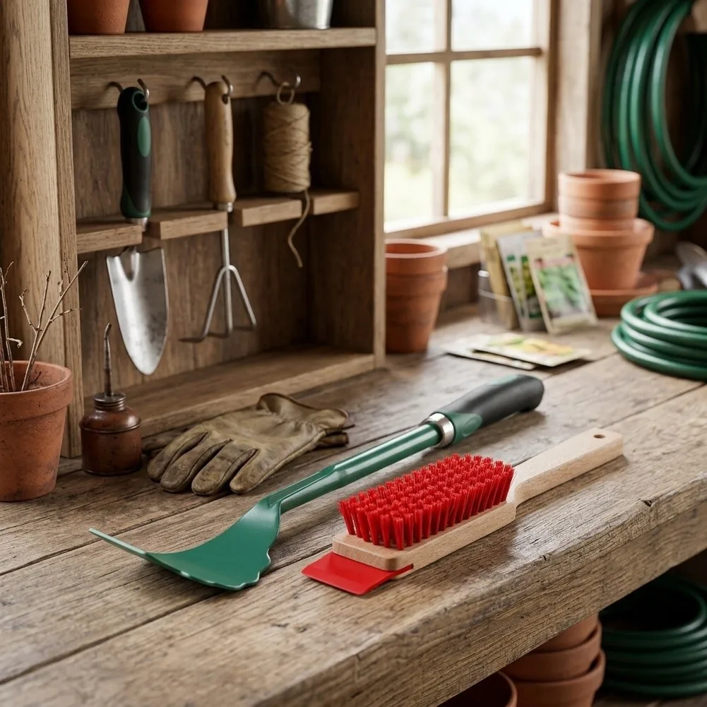 Garden tool cleaning brush and scraper set suitable for lawnmower for blades to remove grass buildup and maintain efficient