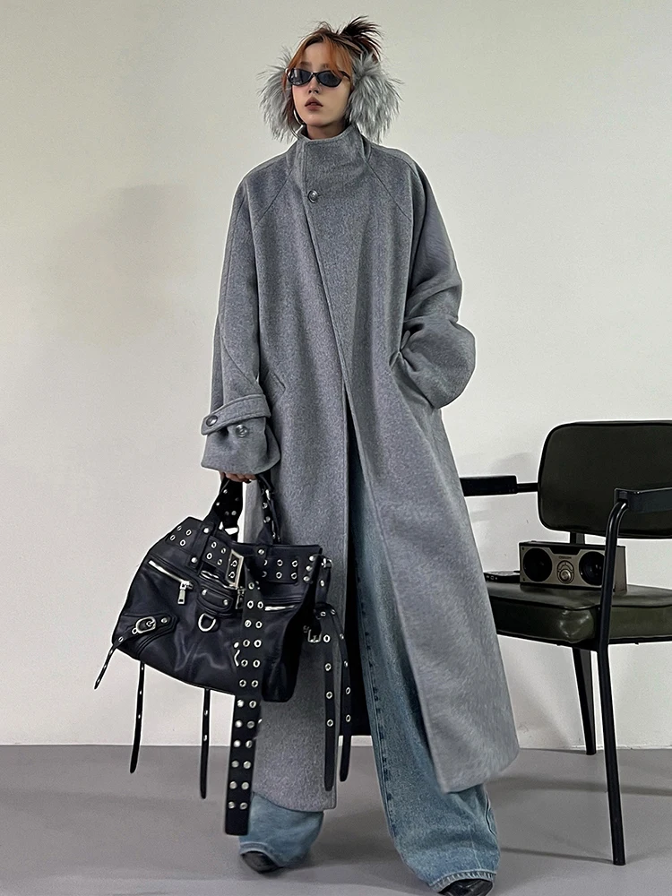 YERMORA Gray Pocket Casual Woolen Coat For Women Stand Collar Long Sleeve Overcoat Fashion Tide Autumn Winter 2024 New