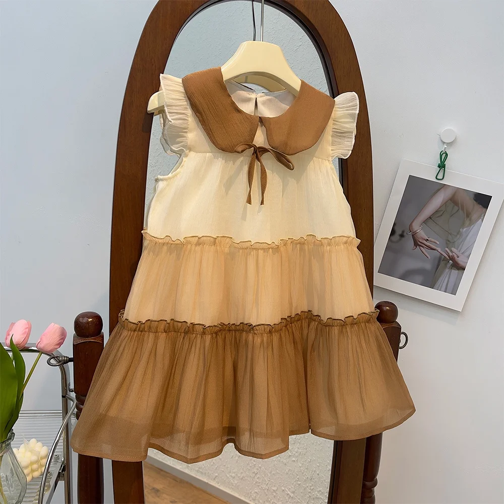 New Baby Girl Princess Dresses Summer Bow Sleeveless Mesh Dress 2-6 Years Kids Clothing Multilayer Lace Kids Clothes