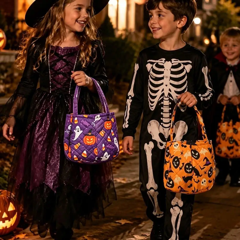 Halloween Candy Tote Bag Reusable Pumpkin Bat Ghost Pattern Handheld Bag For Kids Trick Or Treat Party Halloween Supplies