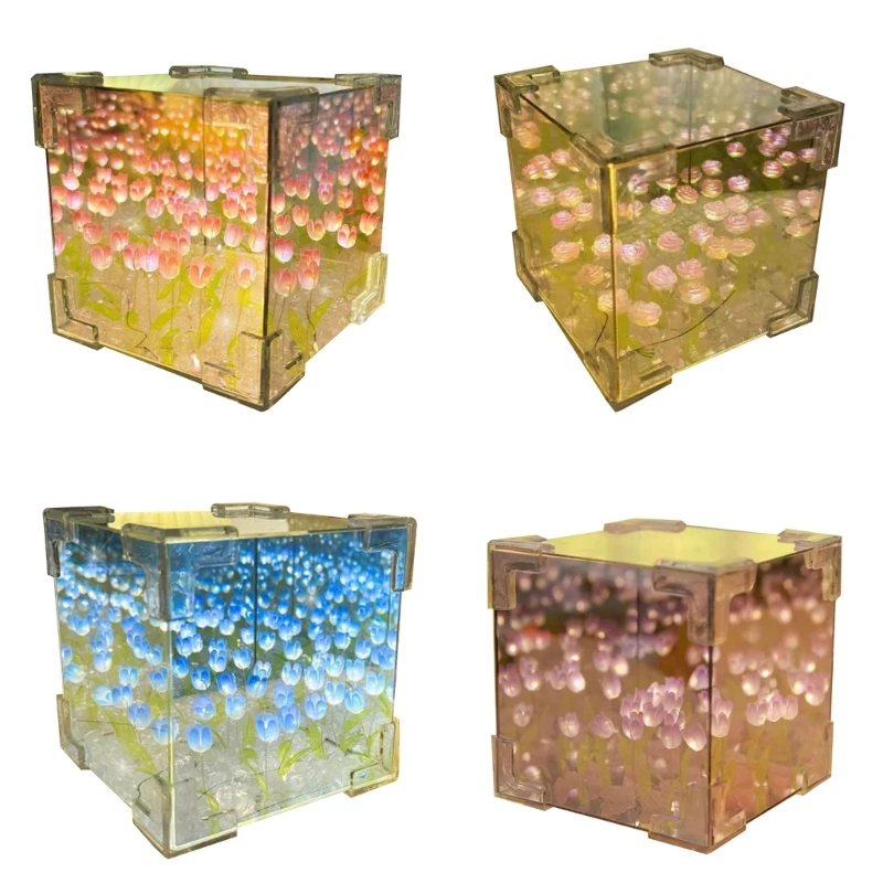 3D Cube Mirror Tulips Night Light DIY Kits 21Pieces Flower Handmade Night Lamp Romance Home Room Desktop Decors Craft