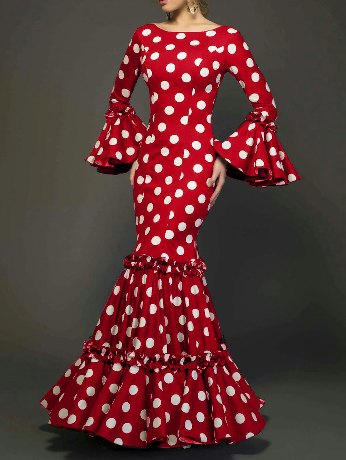 

Elegant Women Long Dress Fashionable Trumpet Sleeves Polka Dot Decoration Cascading Ruffle Hem Fishtail Ladies Evening Dress