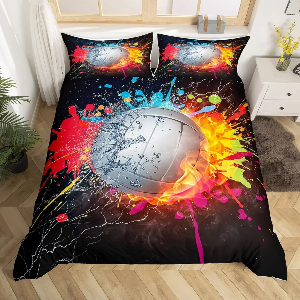 Kids Volleyball King Queen Duvet Cover Teens Ball Sports Bedding Set Grunge Hippie Tie Dye Comforter Cover Polyester Quilt Cover