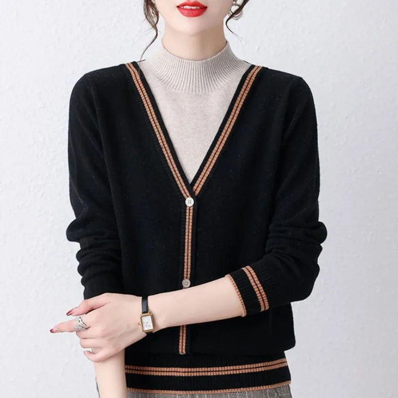 Women\'s Pullover Half High Collar Patchwork Striped Sweater 2023 Autumn and Winter Elegant Long Sleeve Button Knit Bottom Tops