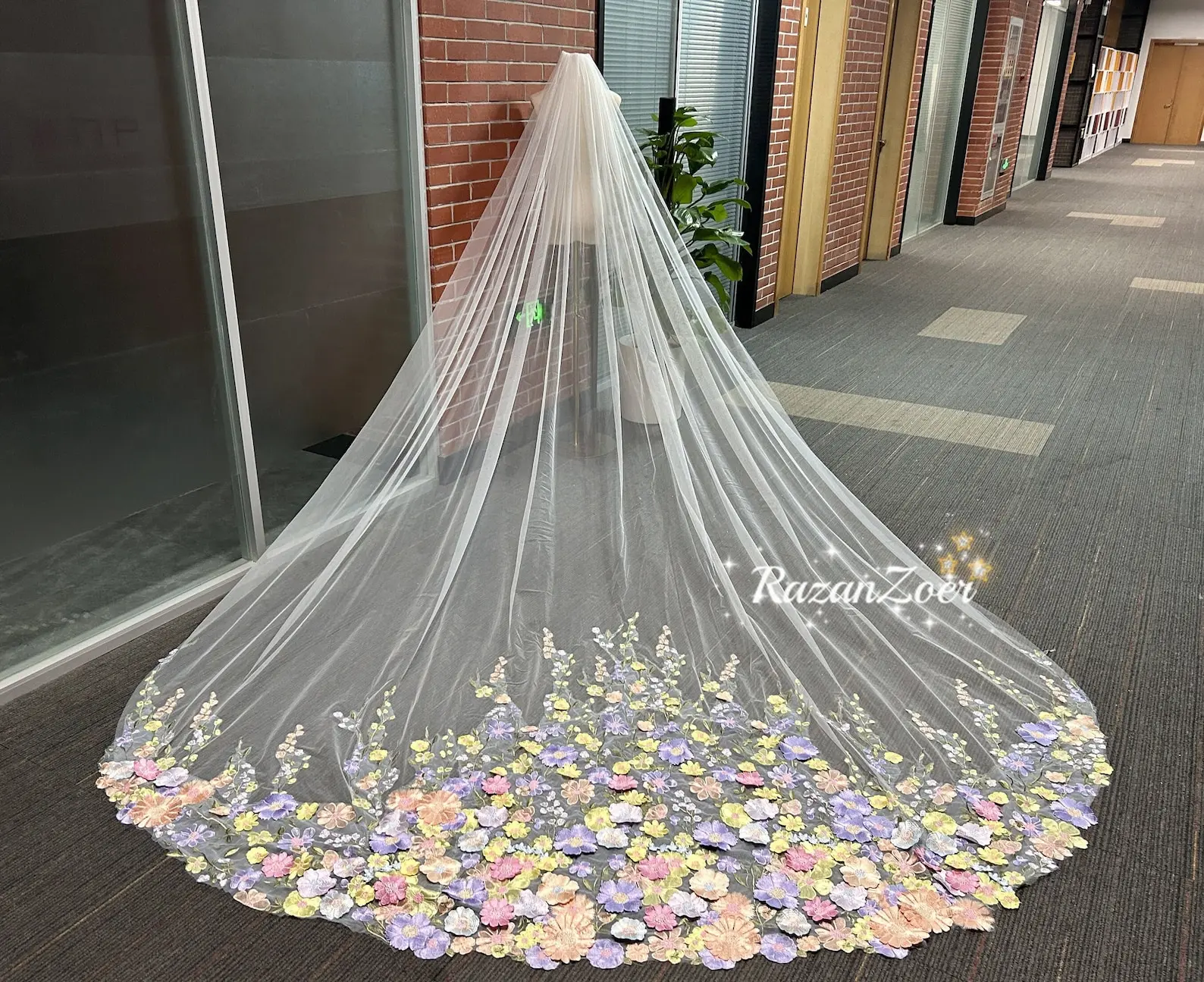 Romantic Colorful Flower Bridal Veil Soft Tulle Veil with Comb One Layer Wedding Veil Tulle Soft Handmade Custom Length Style