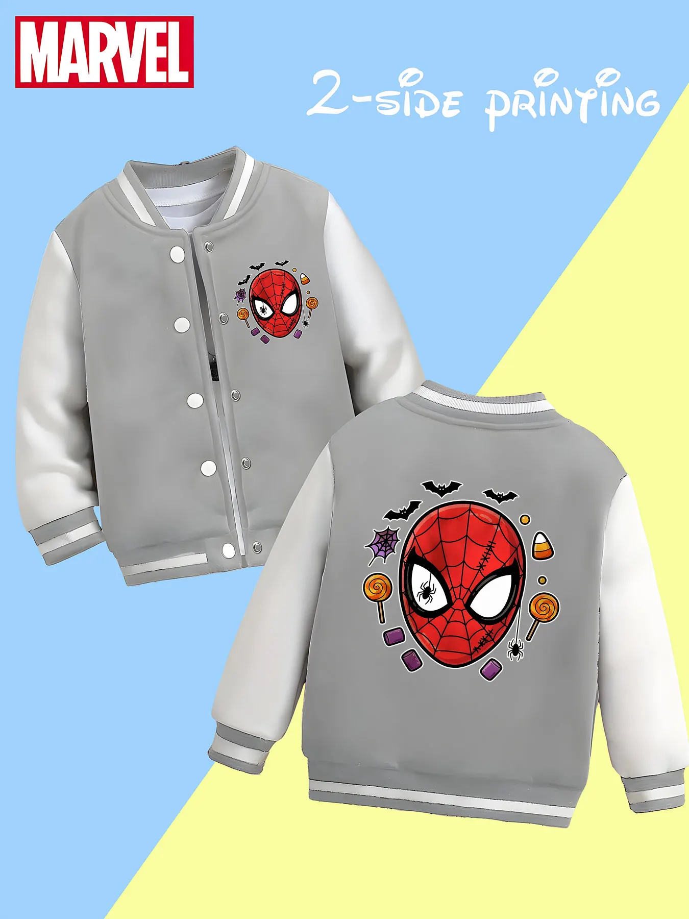 MINISO Marvel Spider-Man Candy Boys Baseball Jacket - Spider-Man head with candy and bat elements, double-sided to show Hallowee