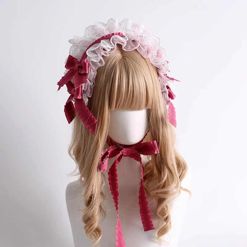 Pince à cheveux en velours Lolita rouge Rose fait à la main, bandeau en dentelle avec nœud sens de poupée, petit chapeau KC pour fille douce, accessoires de déguisement Cosplay