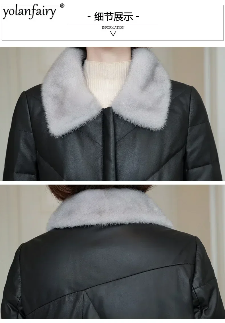 Chaquetas de plumón de cuero genuino para mujer, abrigo de piel de oveja para mujer, Cuello de piel de visón, medio largo, bolsillos grandes, prendas de vestir de moda, FCY, Invierno