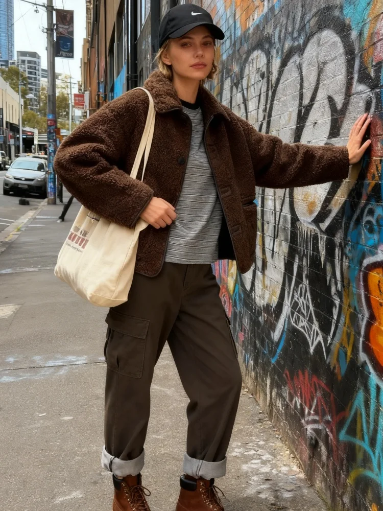 

Винтажная плюшевая двусторонняя куртка, женское шикарное классическое однобортное пальто из искусственной кожи, новая зимняя повседневная уличная верхняя одежда