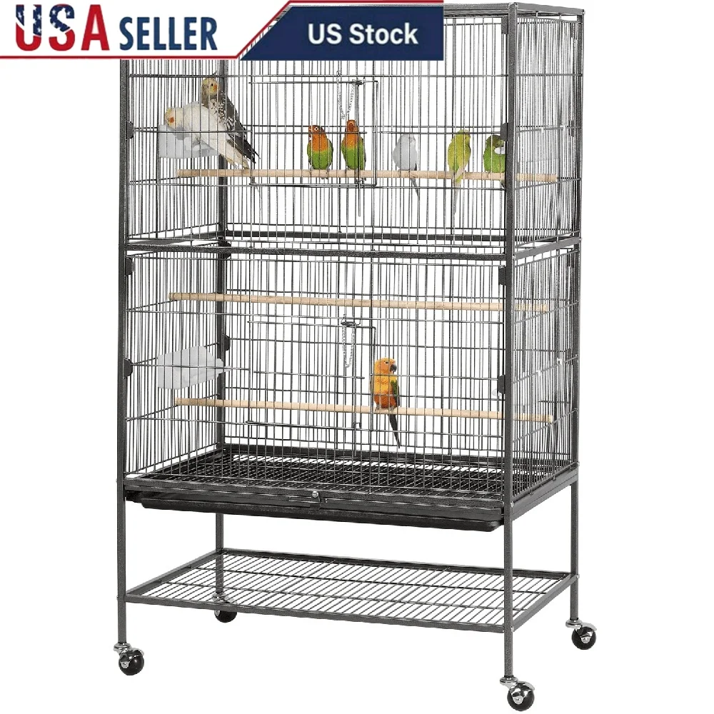 

Large Rolling Bird Cage 52" with 3 Perches 4 Feeders Small Medium Birds Easy Clean Safe Secure Indoor Outdoor Use