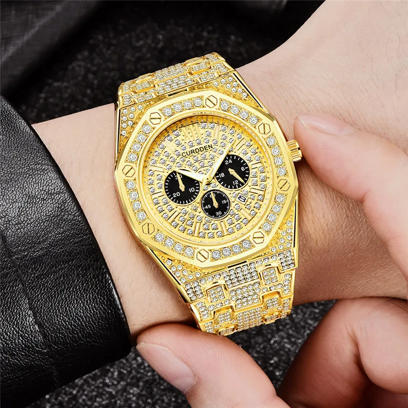 Reloj Hombre Men Genuine CURDDEN Brand Watches Hip Hop Diamond Fashion Alloy Band Golden Luxury Date Quartz Watch Montre Homme