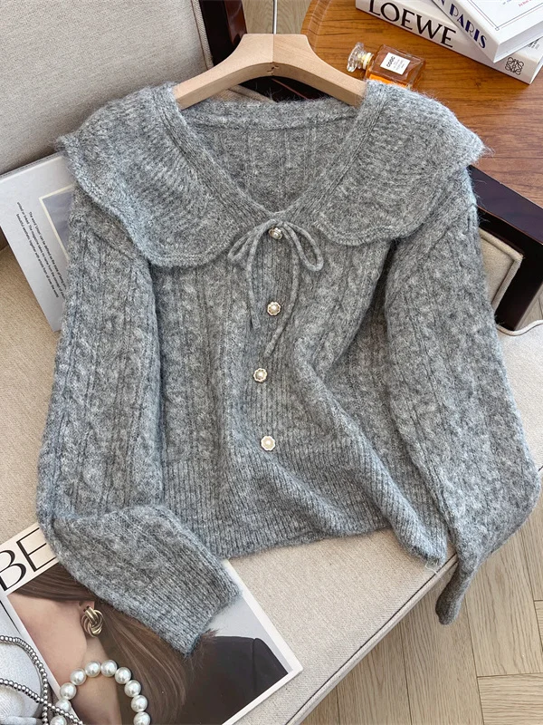 سترة نسائية محبوكة بمقاس كبير مع ياقة مكشكشة علوية Sle Sweet Youthful متعددة الاستخدامات من مزيج القطن الملون #2