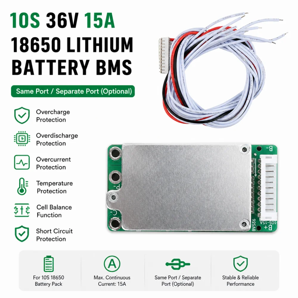 Placa de Proteção de Bateria de Íon de Lítio 10S 36V 15A 18650, Placa de Proteção de Bateria para Veículos Elétricos, Módulo de Proteção de Energia