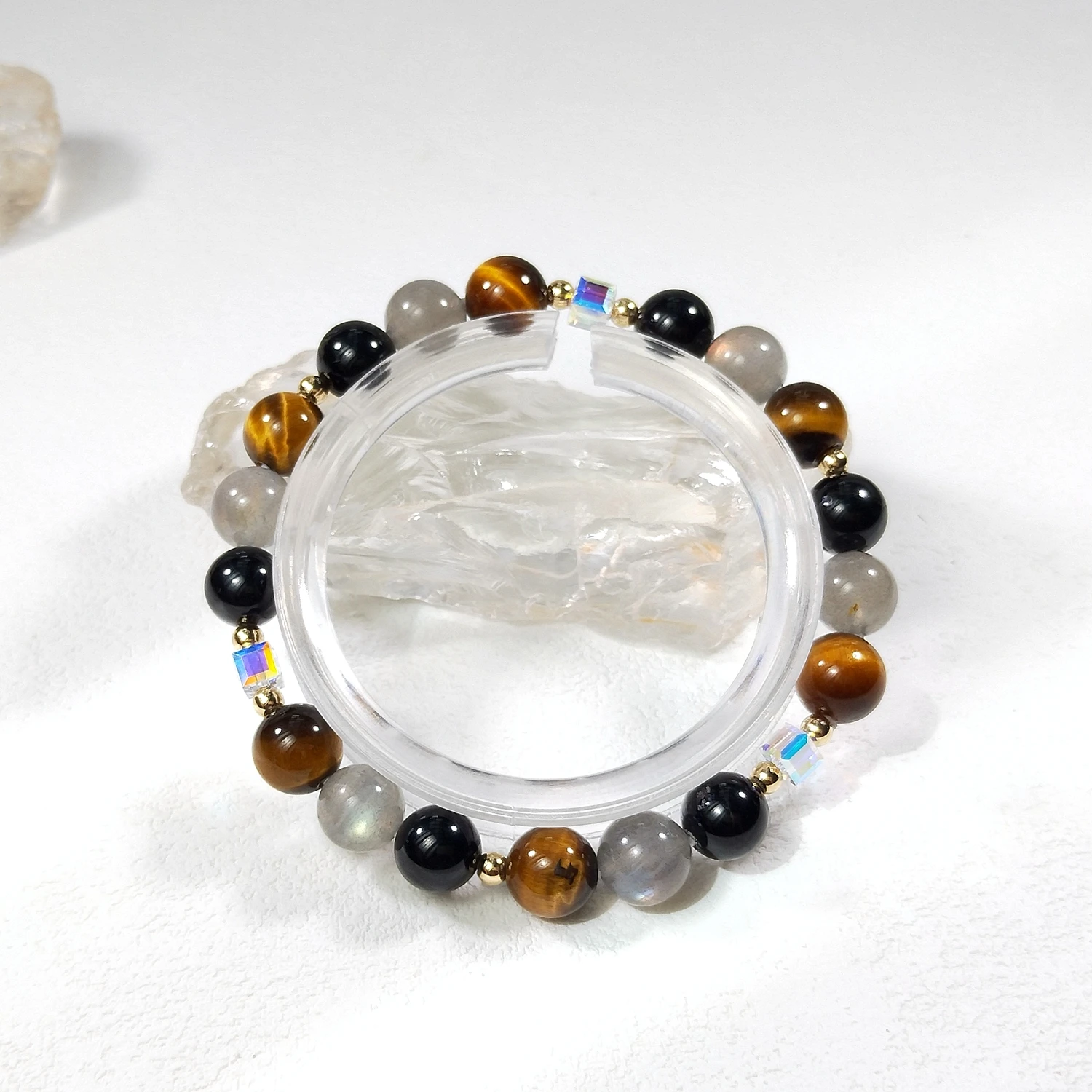 

Lii Ji натуральный камень черный турмалин тигровый глаз лабрадорит 6/8 мм с кристаллами американский эластичный браслет с позолотой 14 карат