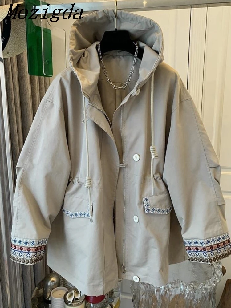 

Spring Autumn Embroidered Hooded Jacket Women Fashion Korean Loose Retro Windbreaker Coat Female Casual Outerwear Ladies Tops