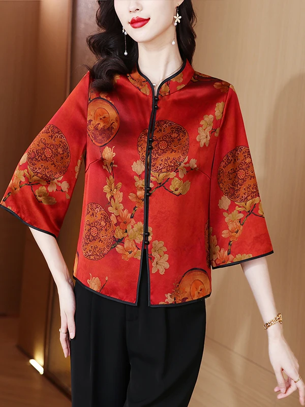Cardigan aberto feminino de seda primavera verão novo Sle Xiangyun seda sete quartos Sve reformado Tang traje Faionable Mommy...