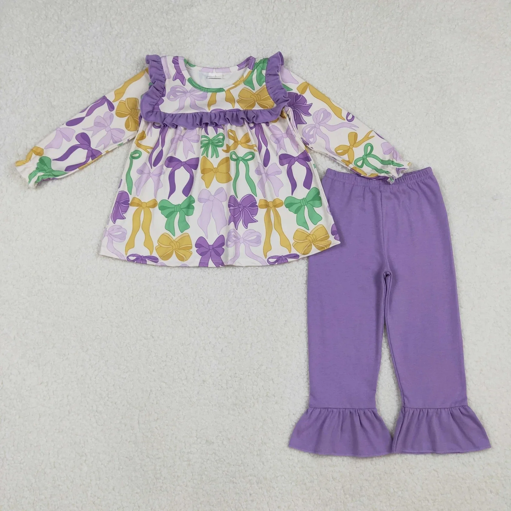 

Wholesale Girls Mardi Gras Long Sleeves Ruffle Tunic Infant Clothes Toddler Purple Pants Baby Girl Outfit Children Kids Bows Set
