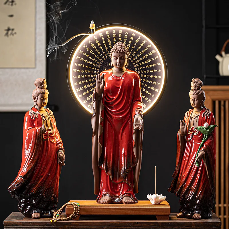 Western Three Holy Ceramic Buddha Ornaments New Chinese Home Decoration LED Light Ring Buddhist Ornaments