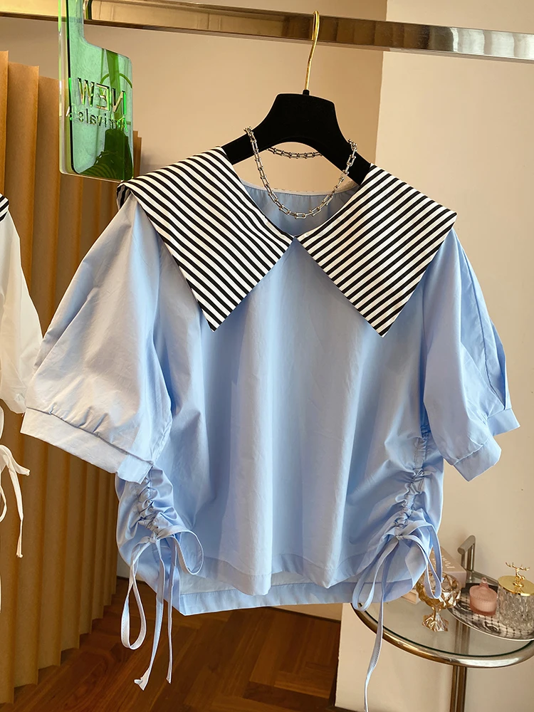 Vintage Drawstring Design Slim Shirt 2024 Summer New Sailor Collar Short Sleeve Blouses Female Striped Tops Preppy Style