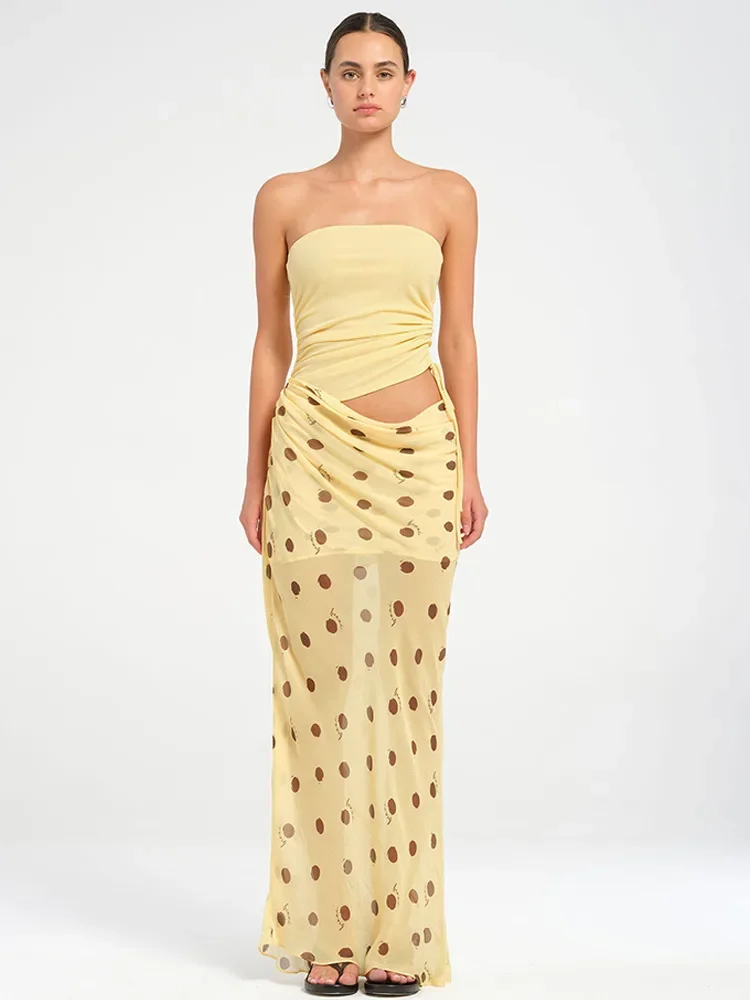 حمالة البولكا نقطة الشيفون المرقعة فستان ماكسي المرأة انقطاع سليم مثير أنبوب عطلة الشاطئ فستان ماكسي الصيف ملابس الحفلات