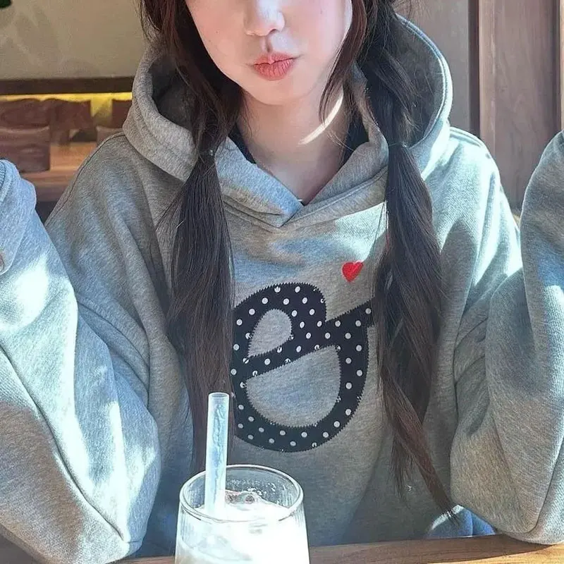 

Vintage Fashionable Letter Patch Designs Sweatshirts Autumn Winter Fleece American Hooded Women's Clothing Casual Loose Hoodies