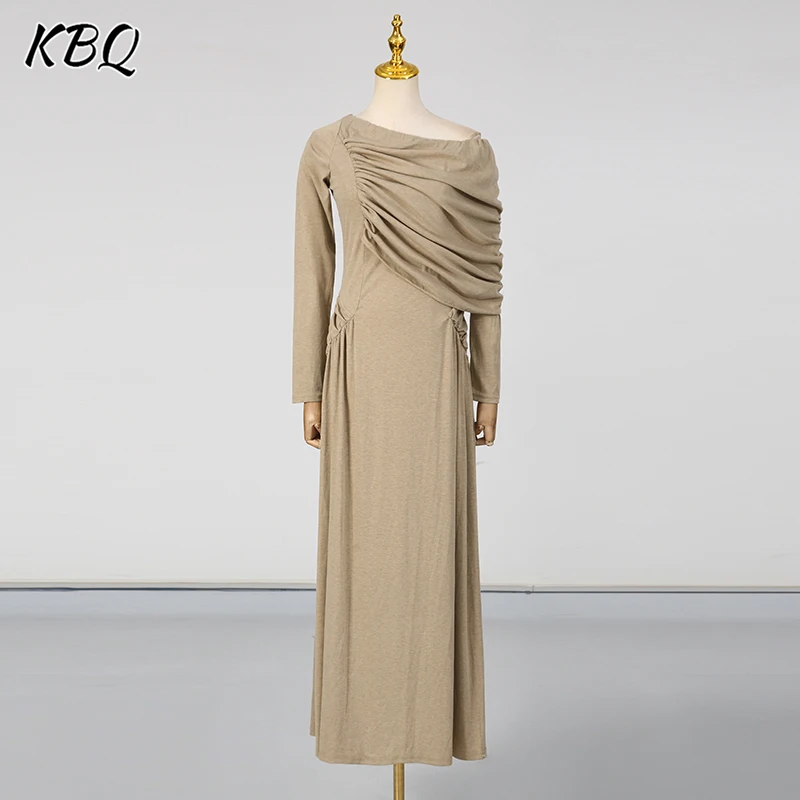 

KBQ Slimming Spliced Folds Minimalist Dresses for Women Diagonal Collar Long Sleeves Elegant Chic Dress Female Fashion Style New