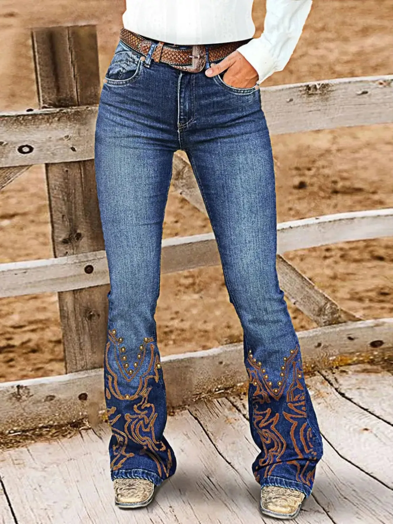 Women Beading Embroidered Super Stretchy Slim Casual Floor Length Denim Trousers European American 2026 New Fashion Jeans Pants