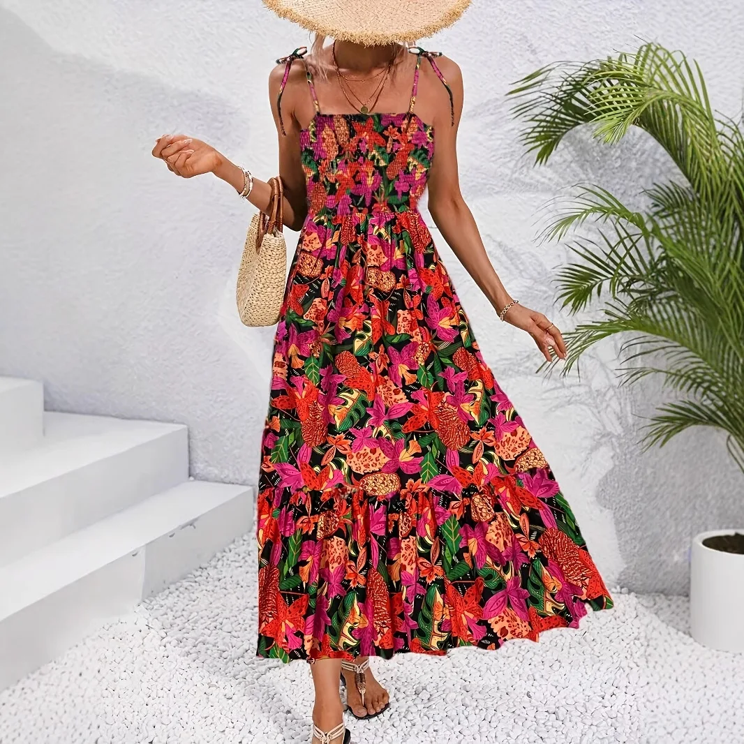 Sommer bedrucktes, florales, langes Hosenträgerkleid, 2025, Sommer, rückenfrei, Urlaubsstil, lässiges Modekleid für Frauen