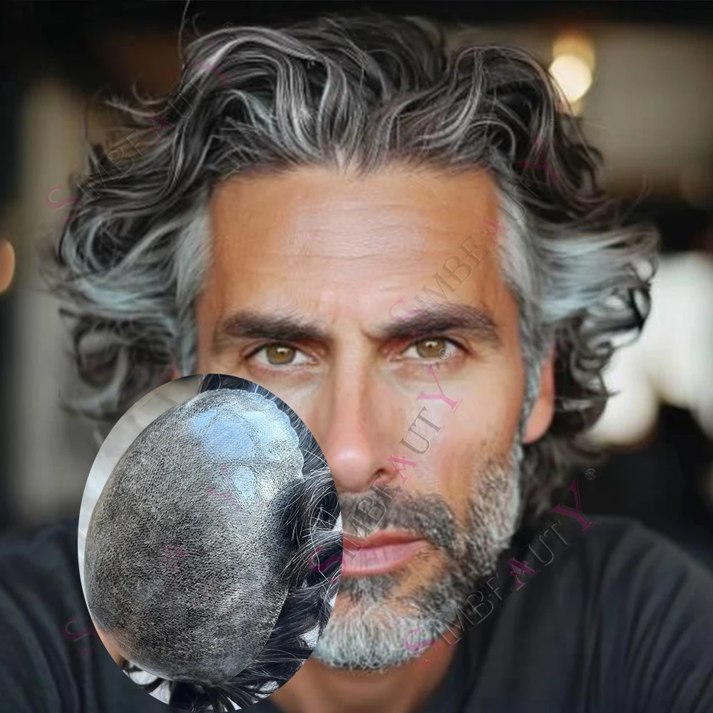 Male Hair Prosthesis Super Natural Hairline Toupee Old Men Black Gray Human Hair System Undetectable Durable Thin Transparent PU