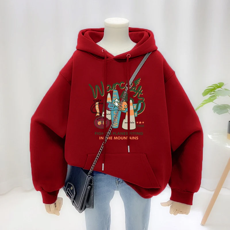 Autumn Winter Women Clothing Vintage Loose Casual Cotton Sweatshirts Cartoon Printed O-neck Top Pullovers Y2K Pocket Hoodies