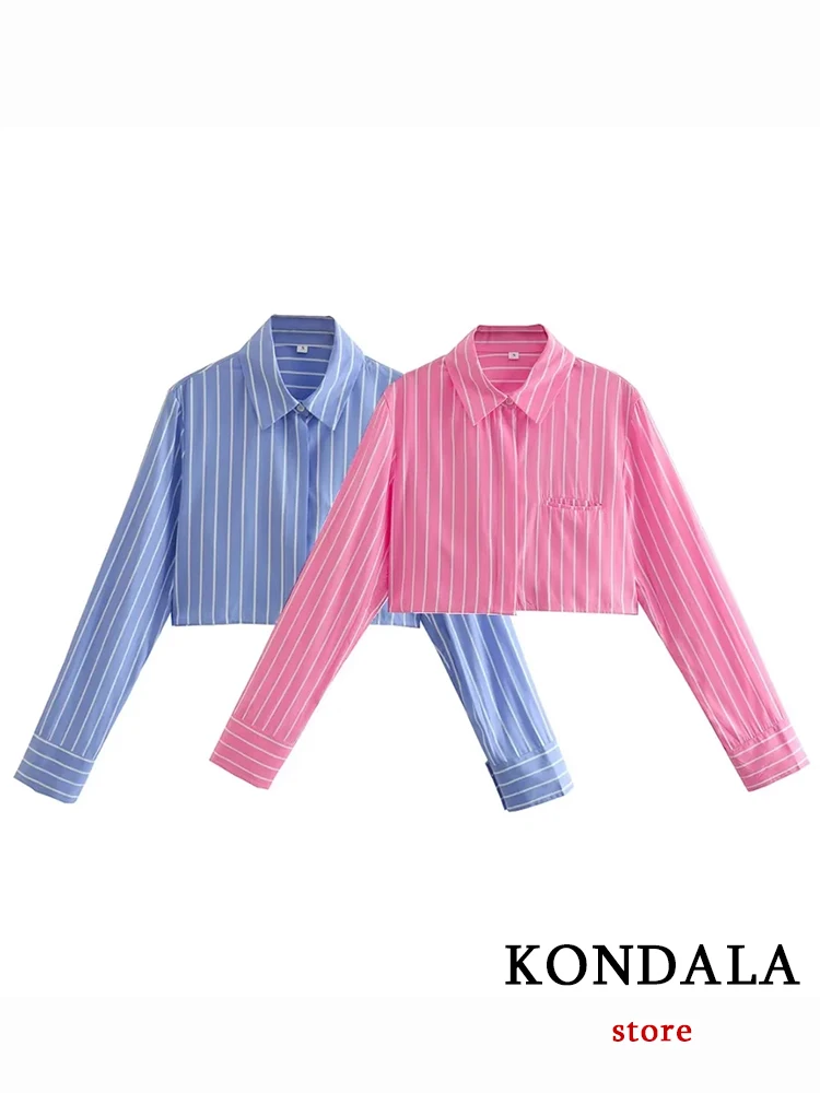 KONDALA Chic Streetwear Vintage Striped Women Shirts Fashion 2022 Streetwear Sexy Short Blouse Y2K Casual All Match Autumn Tops