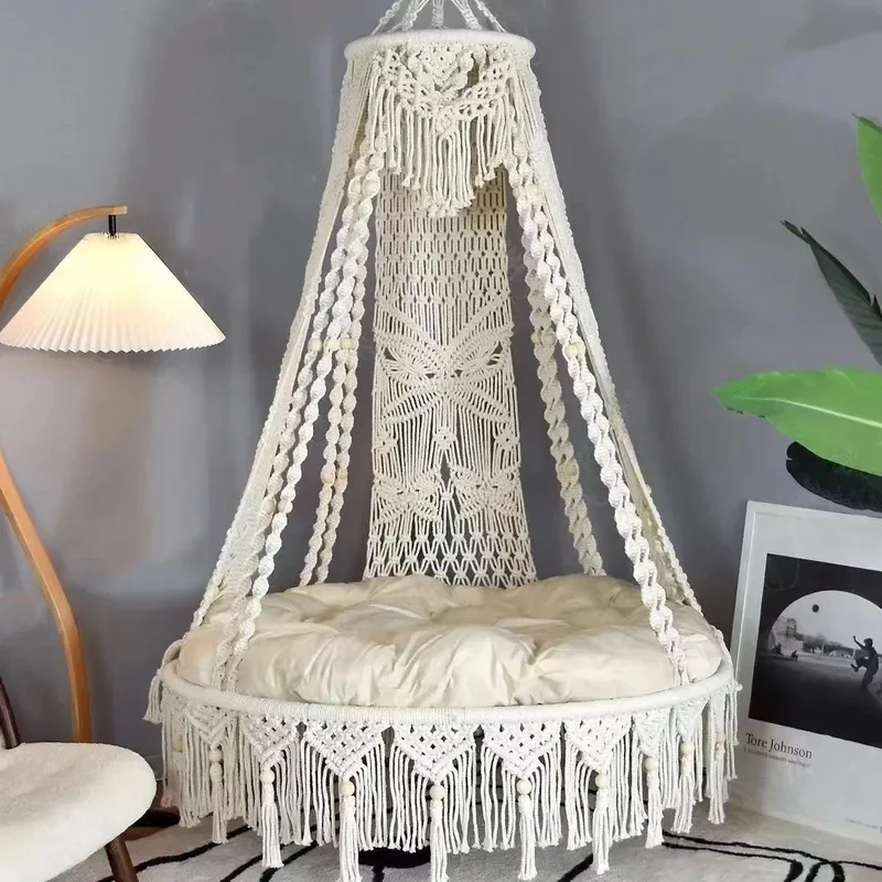 Handwoven Macrame Hanging Chair Bohemian Swing Seat for Balcony Patio Indoor Outdoor Decor Soft Cotton Rope Hammock for