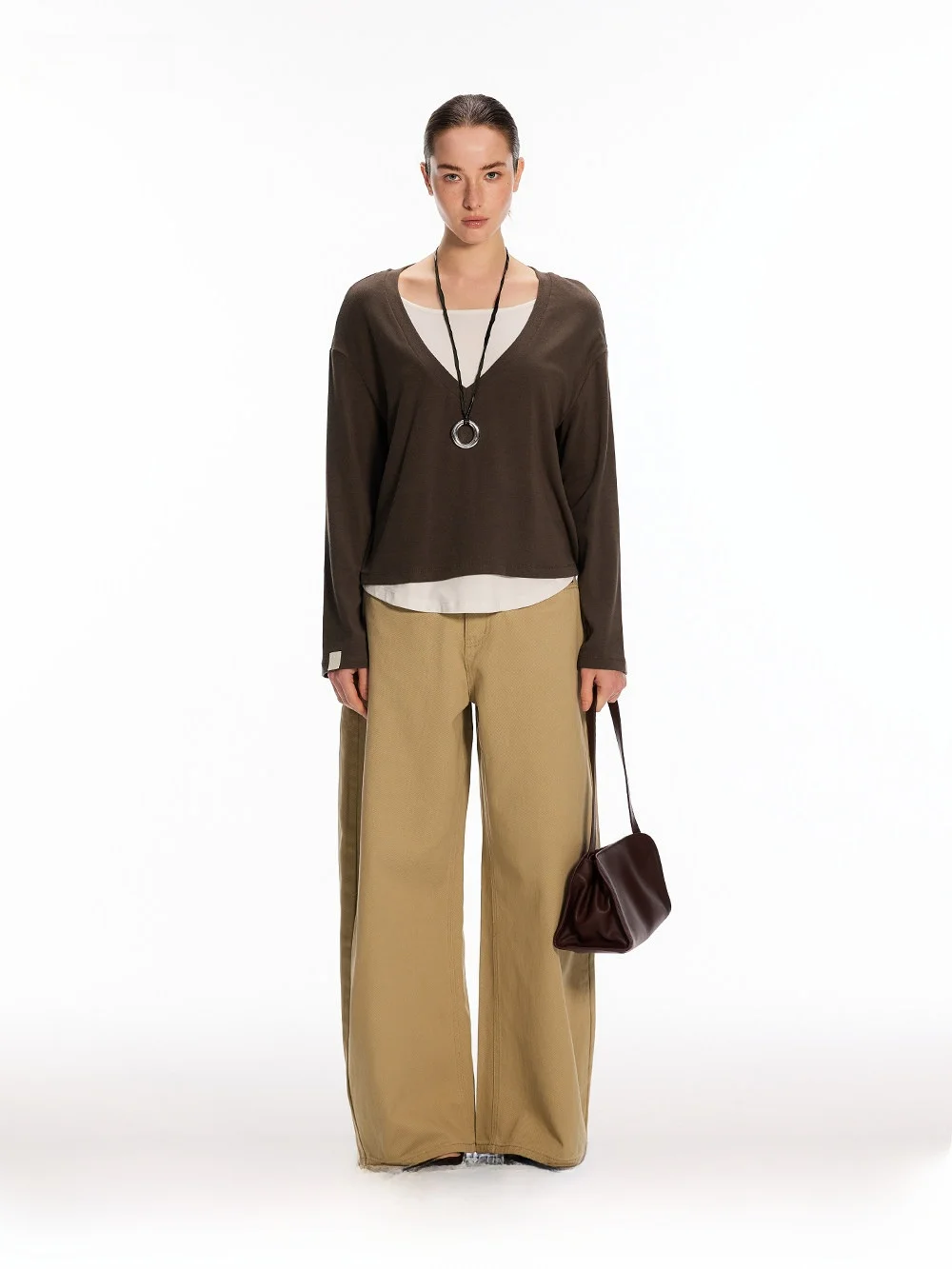 

Color Blo Vintage Loose Lazy Apparels Design Long Sve Large V-Ne T-irt False Two-Piece Spring Faion Women's Hanfu