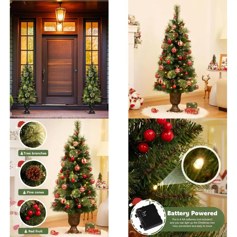 

70 светодиодных золотых оснований, флокированный снег, предварительно освещенная рождественская елка 4 фута для домашнего входа, праздничного декора