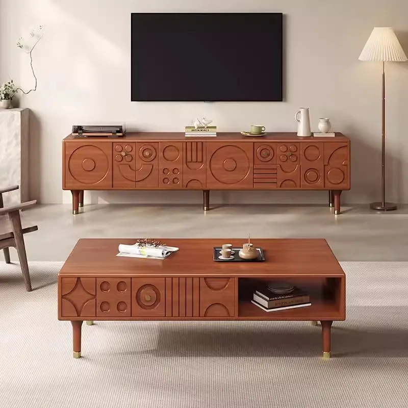 Carved solid wood TV cabinet, coffee table storage cabinet, living room log integrated locker