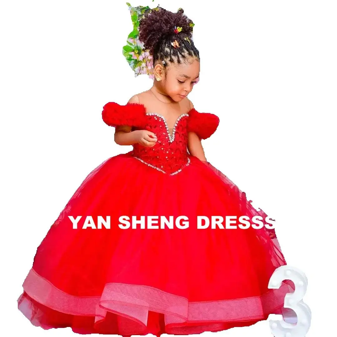 تخصيص شير الرقبة مطوي الكشكشة المتدرج تول الترتر الكرة زهرة فتاة فستان العباءات لحفل زفاف الاطفال عيد ميلاد أول بالتواصل