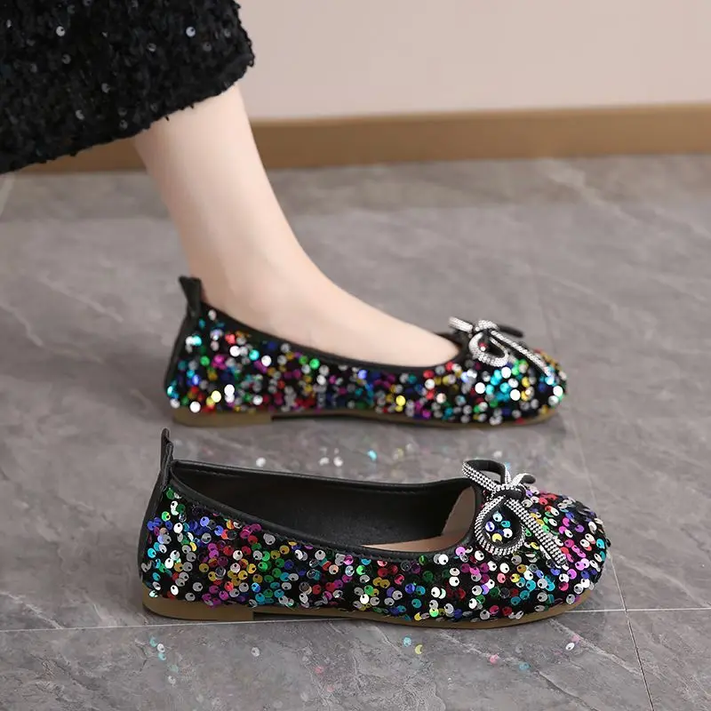 

Spring Autumn Women Sequins Flat Shoes 2026 New Korean Style Girls Bling Single Shoes Female Soft Bottom Casual Shoes 36-42