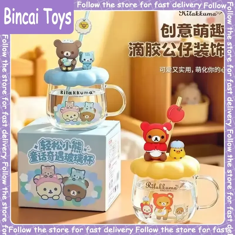 400ml Rilakkuma Borosilikatglasbecher mit Deckel, hitzebeständiger niedlicher Cartoon-Wasserbecher, Büro-Schreibtisch-Trinkbecher, liebenswert