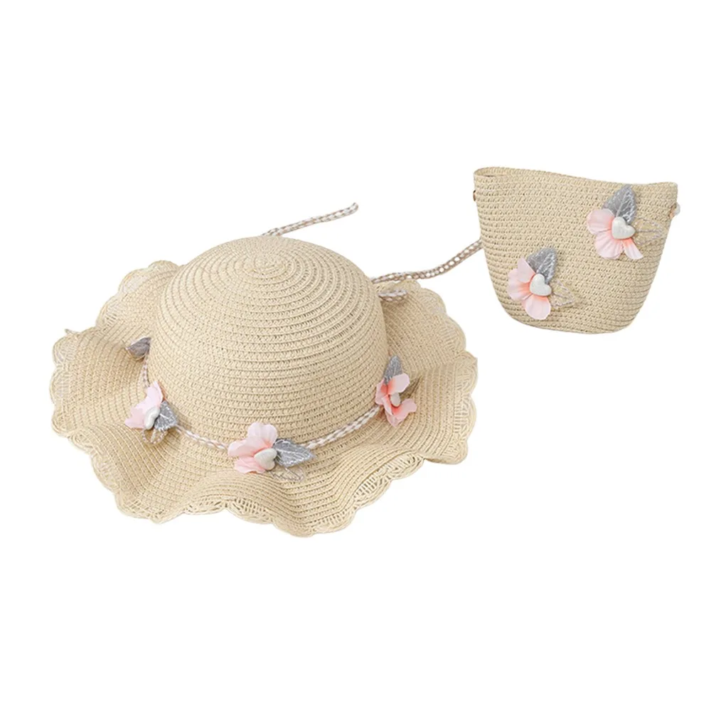 2Pcs/Set Wide Brim Straw Hat Beach Bag Set Flower Design Tote Bag Children Beach Hats Set Sun Hat Breathable Sun-protective Hat