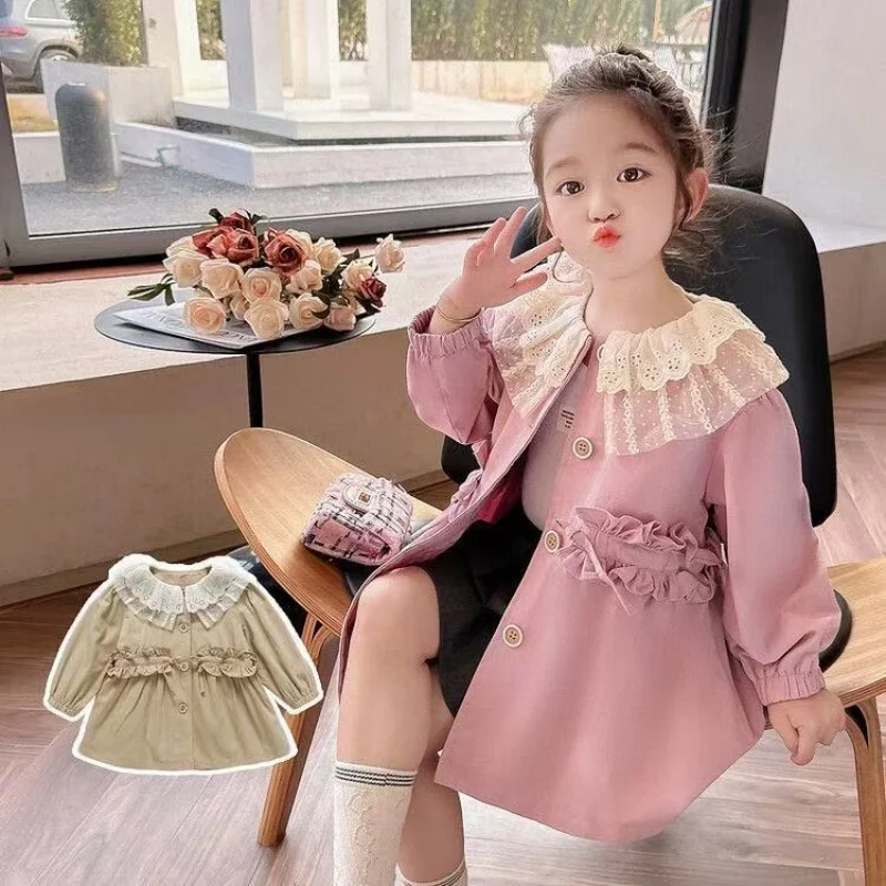 

Girls' Spring and Autumn Windbreaker Jacket 2025 New Style Children's Elegant Lace Collar Female Baby Drawstring Jacket Top